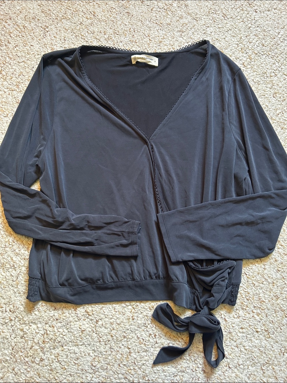 Lucky Brand Black Long Sleeve Wrap Top with Side Tie Detail